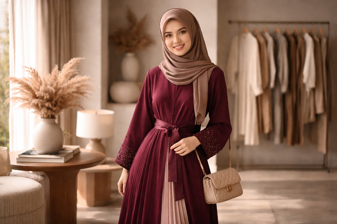 erpaduan abaya modern dengan warna-warna bumi diprediksi akan menjadi gaya paling populer di Lebaran 2026, memberikan kesan elegan namun tetap simpel. (RIFKI/AI)