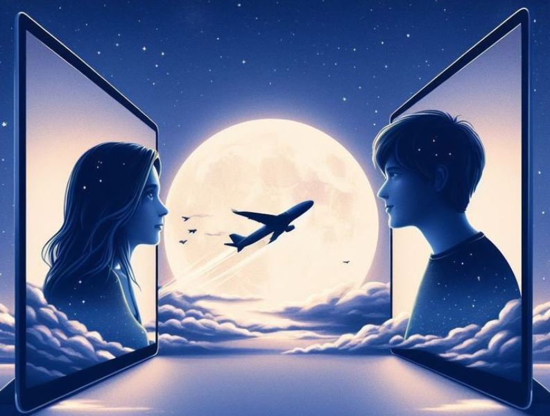 Ilustrasi cowok cewek santai dengan latar belakang pesawat. (Foto: Bella &ndash; Pinterest)