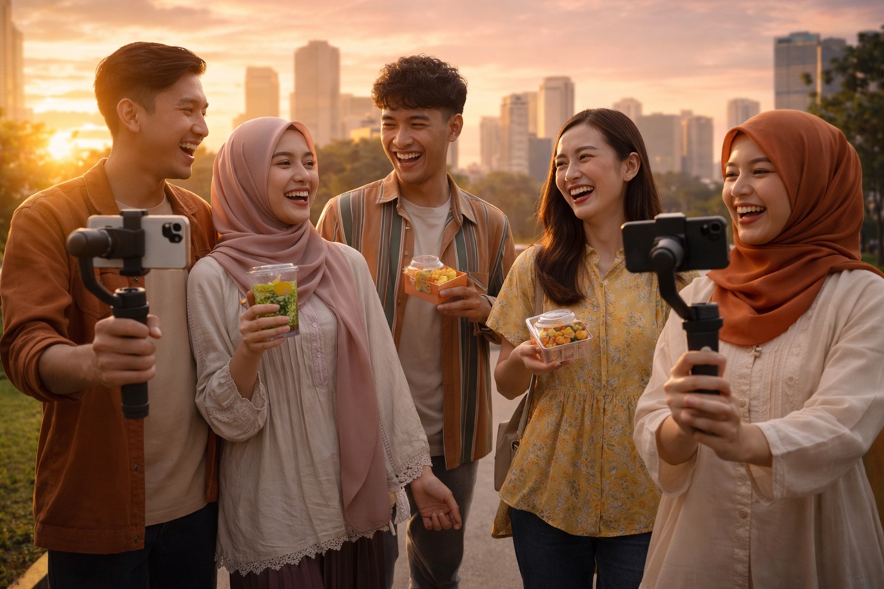 Ekspresi ceria Gen Z saat melakukan ngabuburit kreatif di Ramadan 2026, memadukan hobi berburu kuliner unik dengan produktivitas membuat konten digital. (RIFKI/AI)
