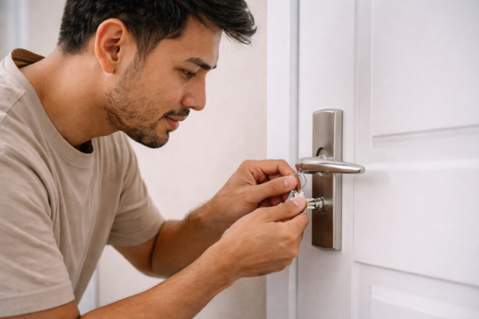 Orang sedang mengunci pintu (AI)