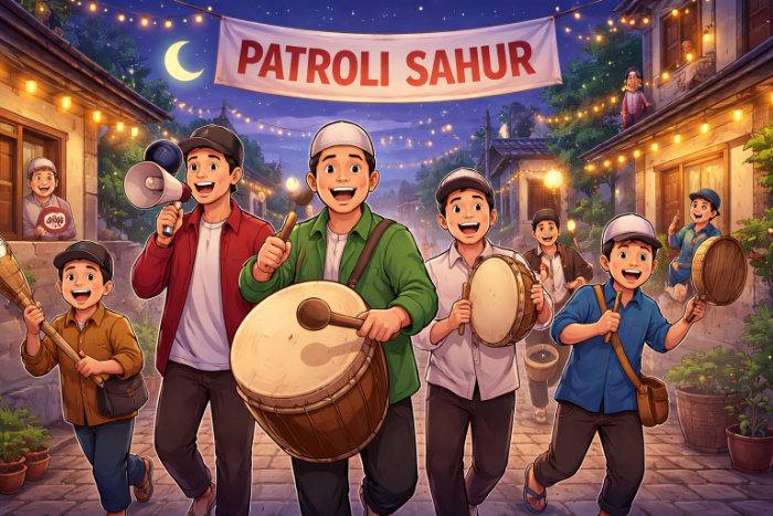 Ilustrasi tradisi patrol sahur saat Ramadan (AI)