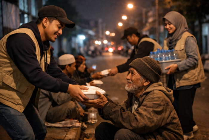Ilustrasi orang sedang membagikan sahur di jalan (AI)