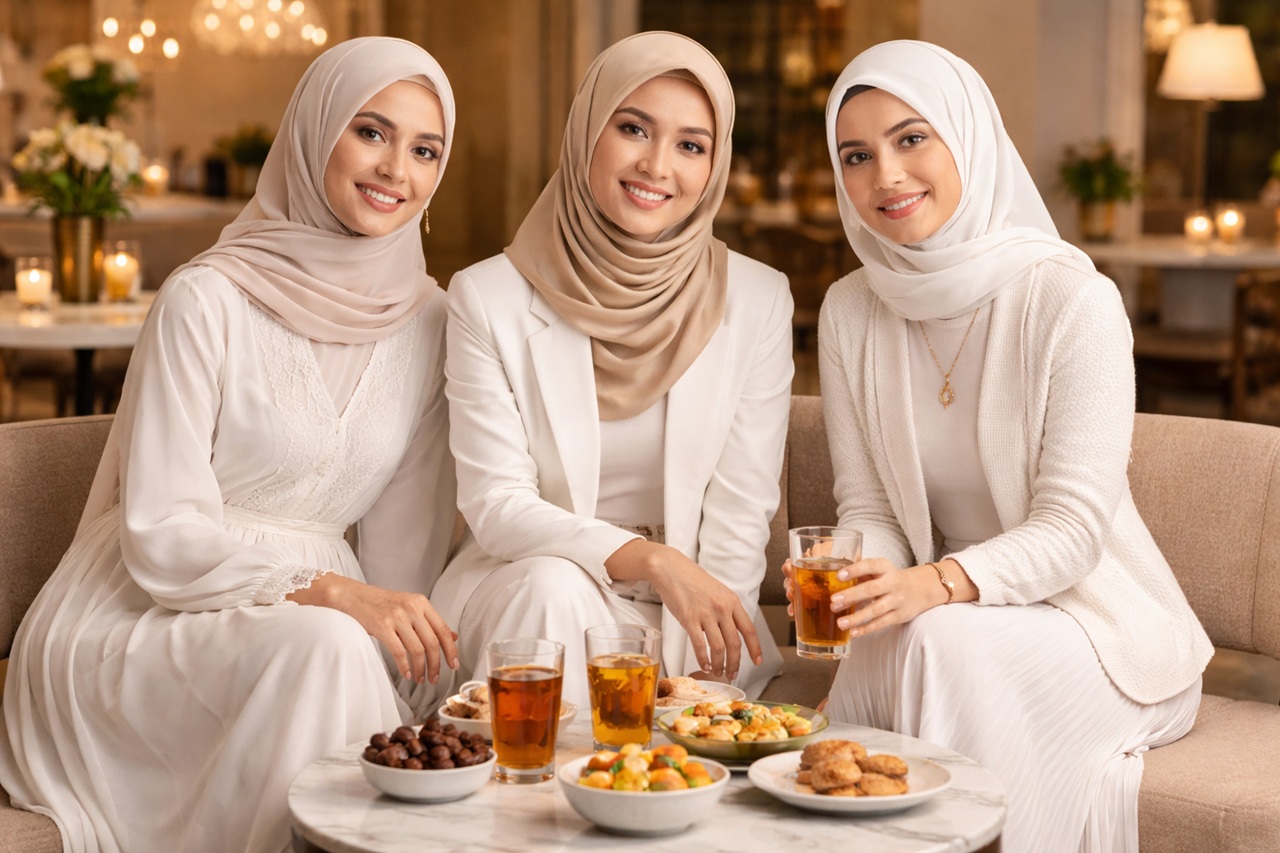 Nuansa serba putih pada dresscode bukber 2026 memberikan kesan bersih dan sangat cocok untuk menunjang foto-foto Instagramable. (RIFKI/AI)