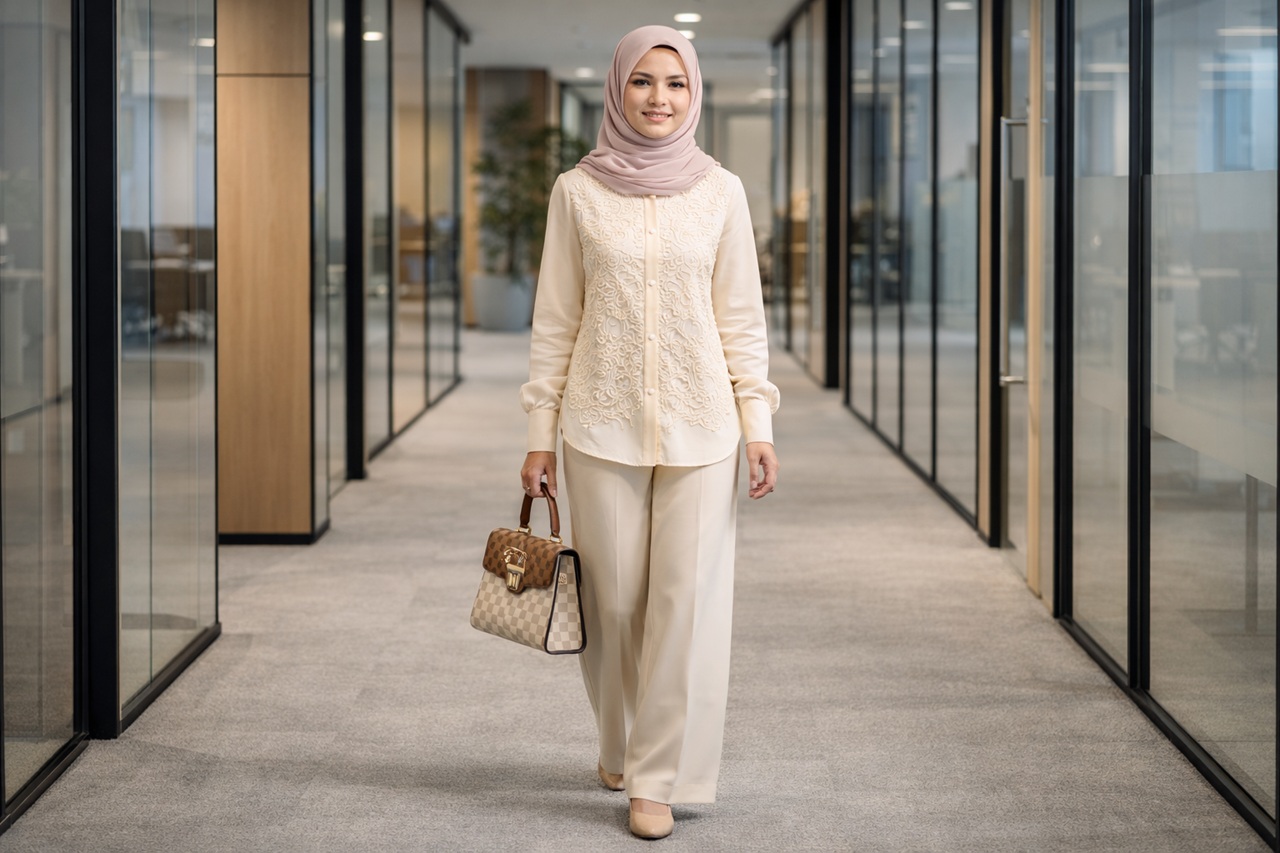 Pilihan outfit yang tepat memungkinkan kamu untuk tampil profesional saat bekerja sekaligus tetap terlihat menawan saat menghadiri acara buka bersama. (RIFKI/AI)