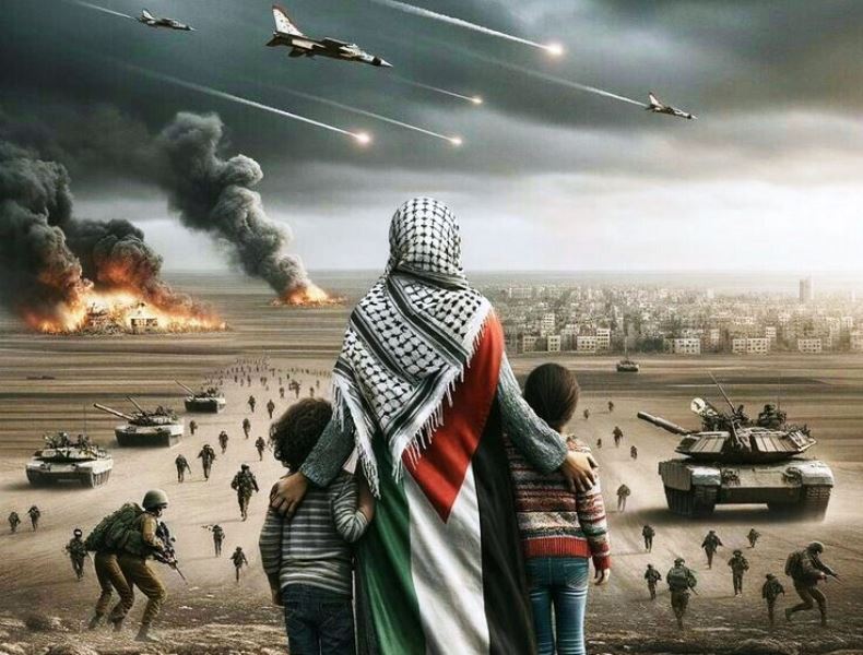 Ilustrasi perang AS Israel dan Iran. Dalam ilustrasi itu warga Palestina melihatnya. (Foto: Ruhollah-pinterest)