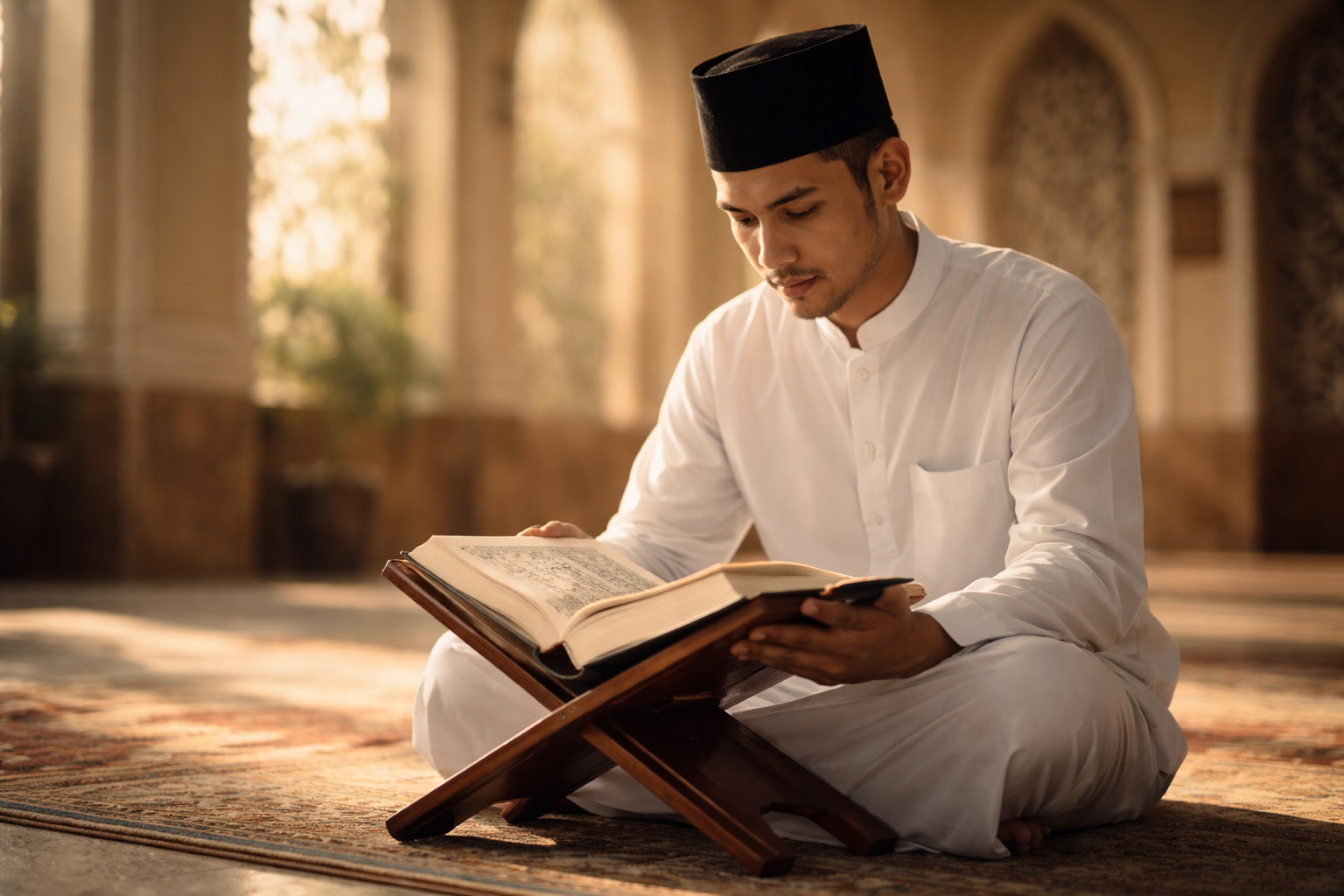 Ilustrasi orang membaca Al Quran (AI)