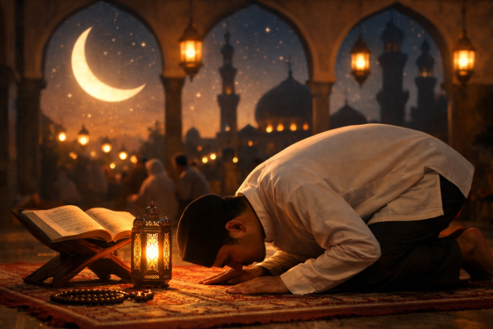 Ilustrasi orang beribadah di malam Lailatul Qadar (AI)
