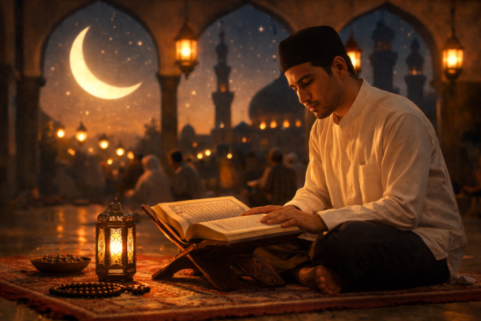 Ilustrasi orang sedang membaca Al-Quran (AI)