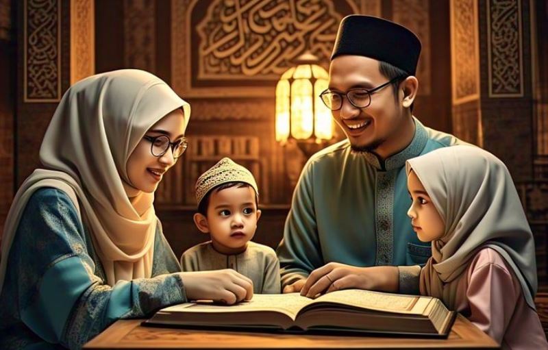 Ilustrasi membaca Alquran bersama keluarga di rumah. (Patcharee​-pinterest)