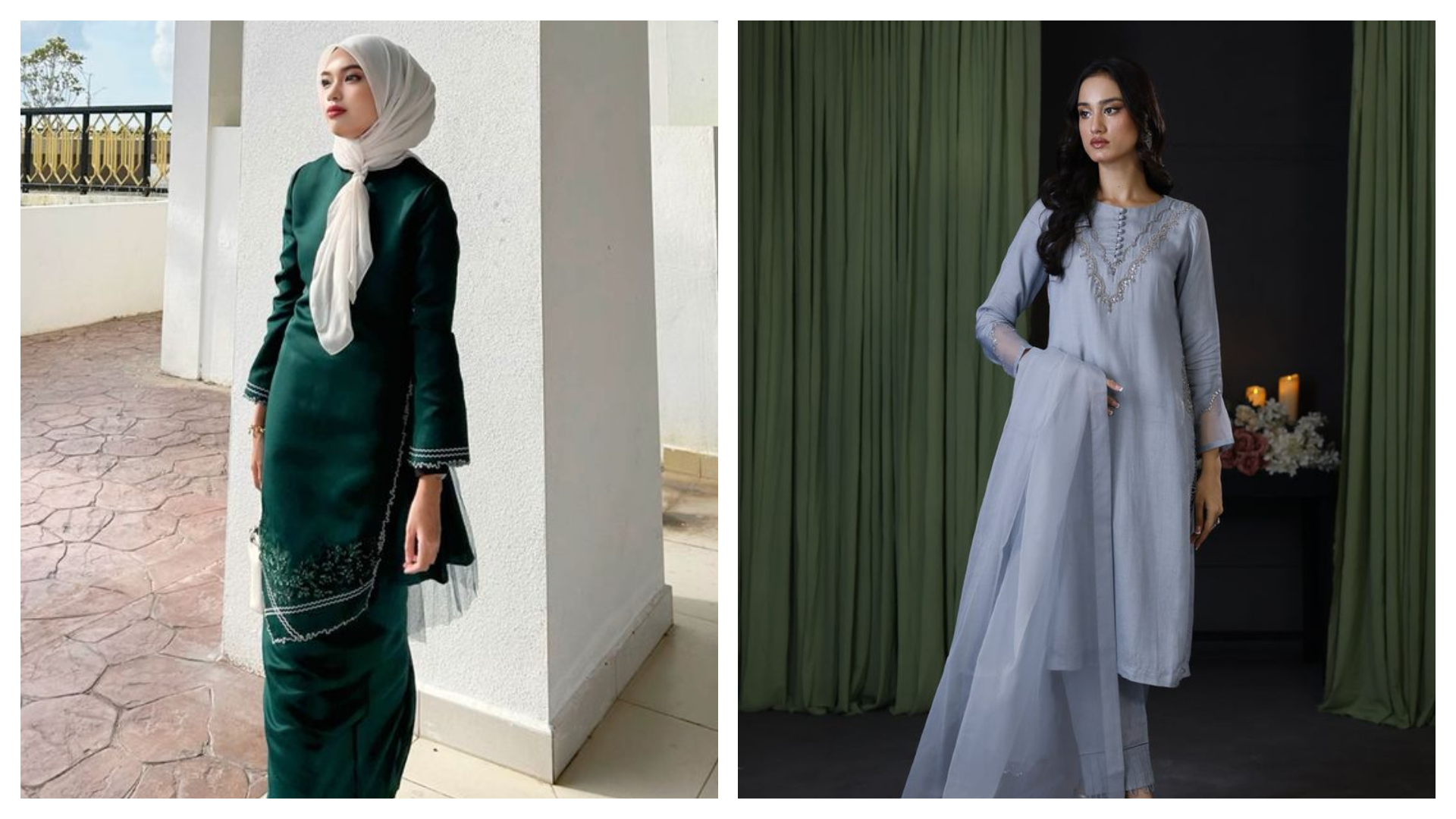 Tren warna baju lebaran green emerald (Pinterest: Regina Batrisya) dan Coud Gray Netral (Pinterest: Kanwal)