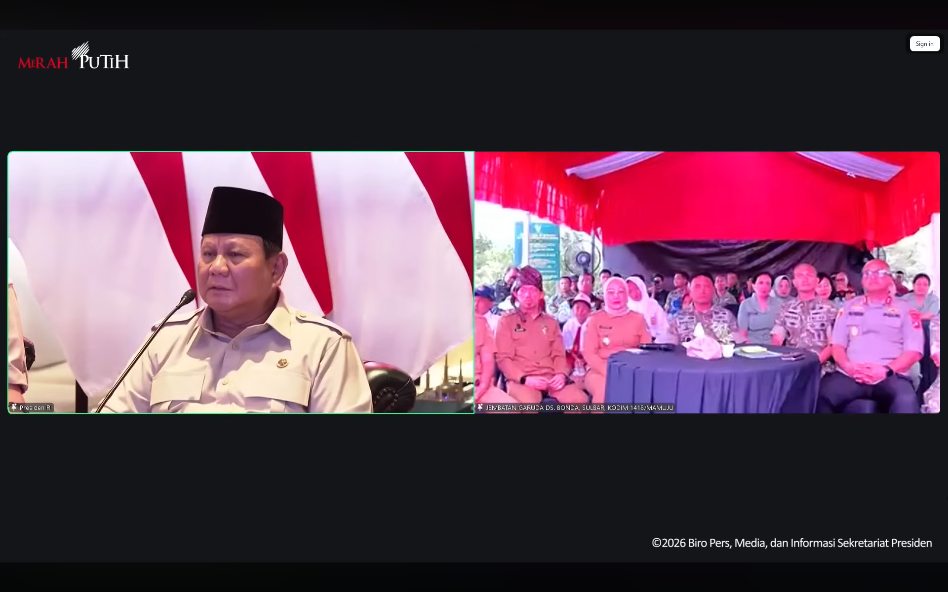 Tangkapan layar - Presiden Prabowo Subianto memberikan sambutan dalam peresmian 218 jembatan melalui tayangan konferensi video dari Jakarta, Senin (9/3/2026). Halojember/Youtube Sekretariat Presiden