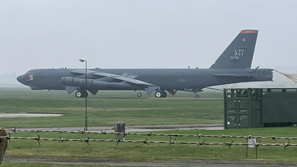 The B-52 bombers were pictured arriving at RAF Fairford in Gloucestershire earlier (reuters)