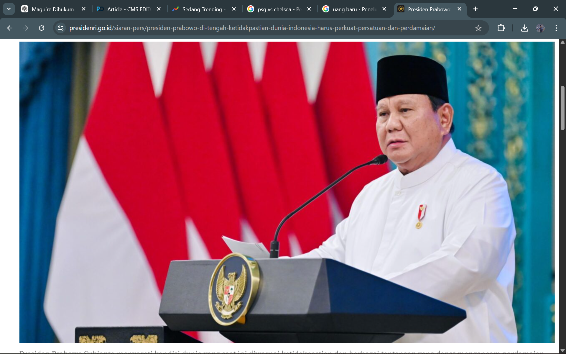 Presiden Prabowo  acara Peringatan Nuzulul Qur&rsquo;an Tingkat Kenegaraan Tahun 1447 H/2026 M di Istana Negara, pada Selasa, 10 Maret 2026. Foto: BPMI Setpres/Laily Rachev