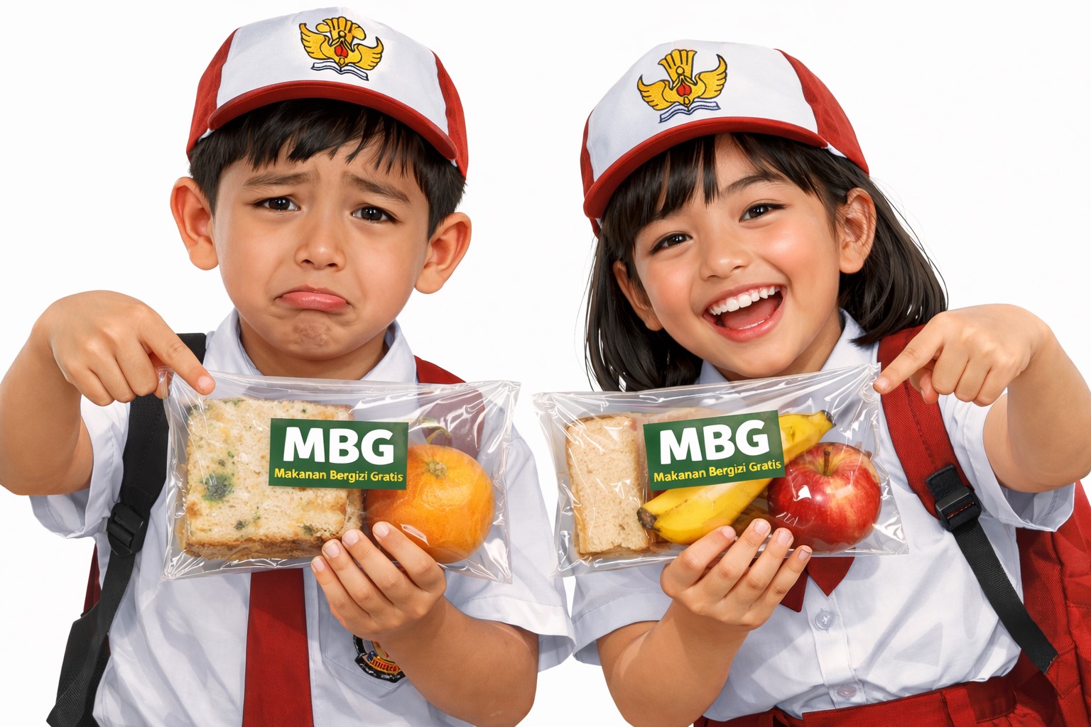 Keceriaan dan kekecewaan anak sekolah yang mendapatkan MBG ilustrasi. (IJAL/ ChatGPT/AI/RADAR JEMBER)