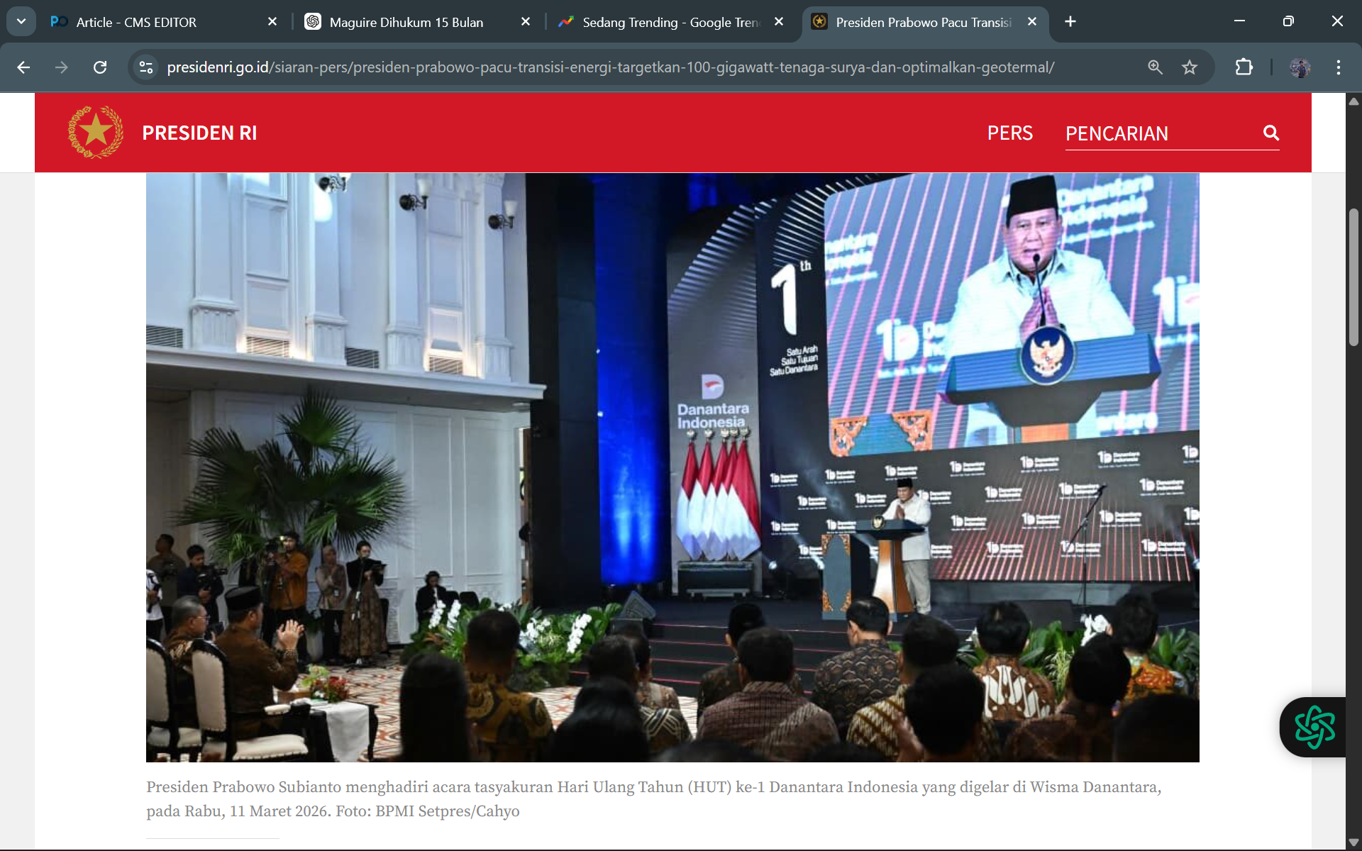 Presiden Prabowo Subianto menghadiri acara tasyakuran Hari Ulang Tahun (HUT) ke-1 Danantara Indonesia yang digelar di Wisma Danantara, pada Rabu, 11 Maret 2026. (Sekretariat Presiden)
