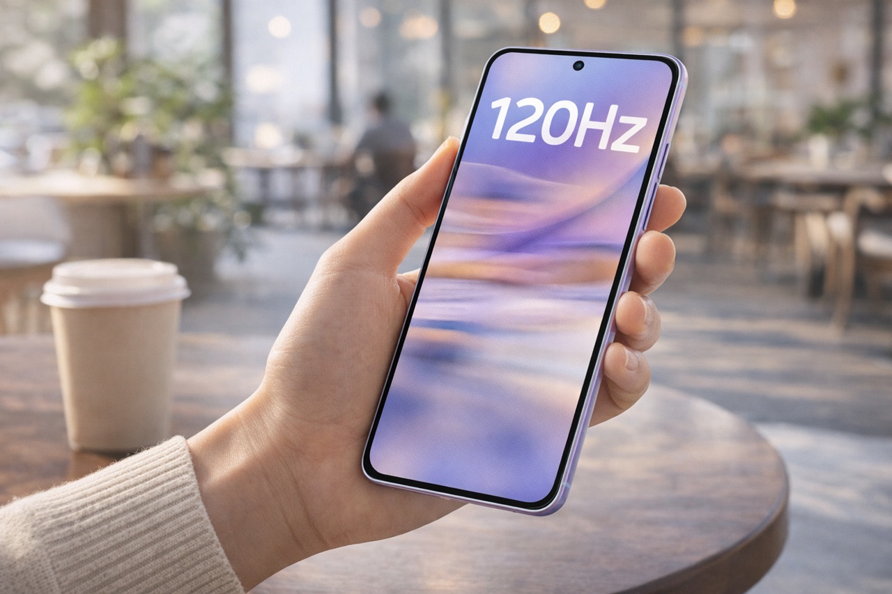 Samsung Galaxy A57 tampil dengan desain bodi super tipis dan layar AMOLED 120Hz yang akan memberikan pengalaman visual terbaik bagi kamu. (RIFKI/AI)