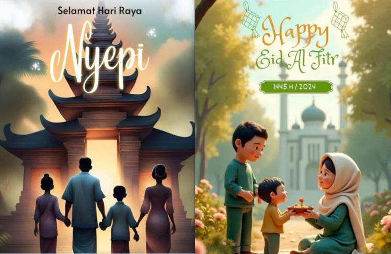 Ilustrasi Hari Raya Nyepi dan Hari Raya Idul Fitri. (Foto: Windandani: pinteres dan rochim-pinteres)