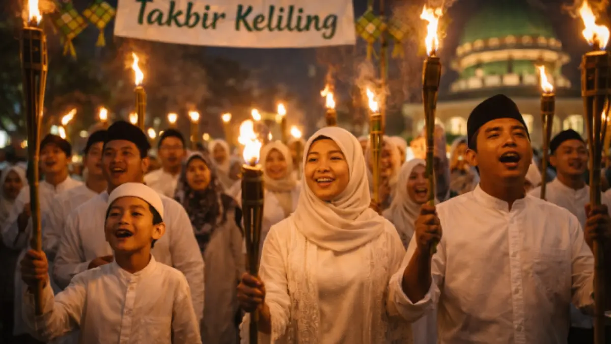 Ilustrasi kegiatan takbir keliling saat malam Lebaran (AI)