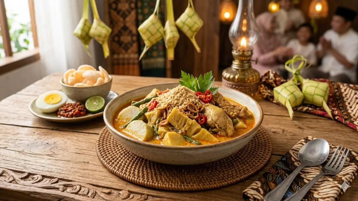 Gurihnya lontong sayur dengan sambal goreng rebung menjadi menu idola yang akan menyambut kamu di setiap rumah saat Lebaran 2026 di Jember. (RIFKI/AI)