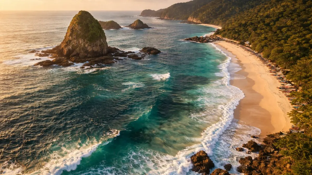 Keindahan pasir putih dan gugusan karang di Tanjung Papuma tetap menjadi primadona wisata Jember yang harus kamu kunjungi di tahun 2026. (RIFKI/AI)