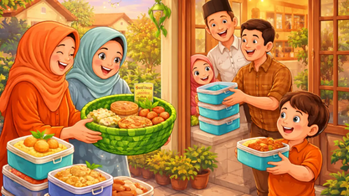 Ilustrasi berbagi makanan ke tetangga (AI)