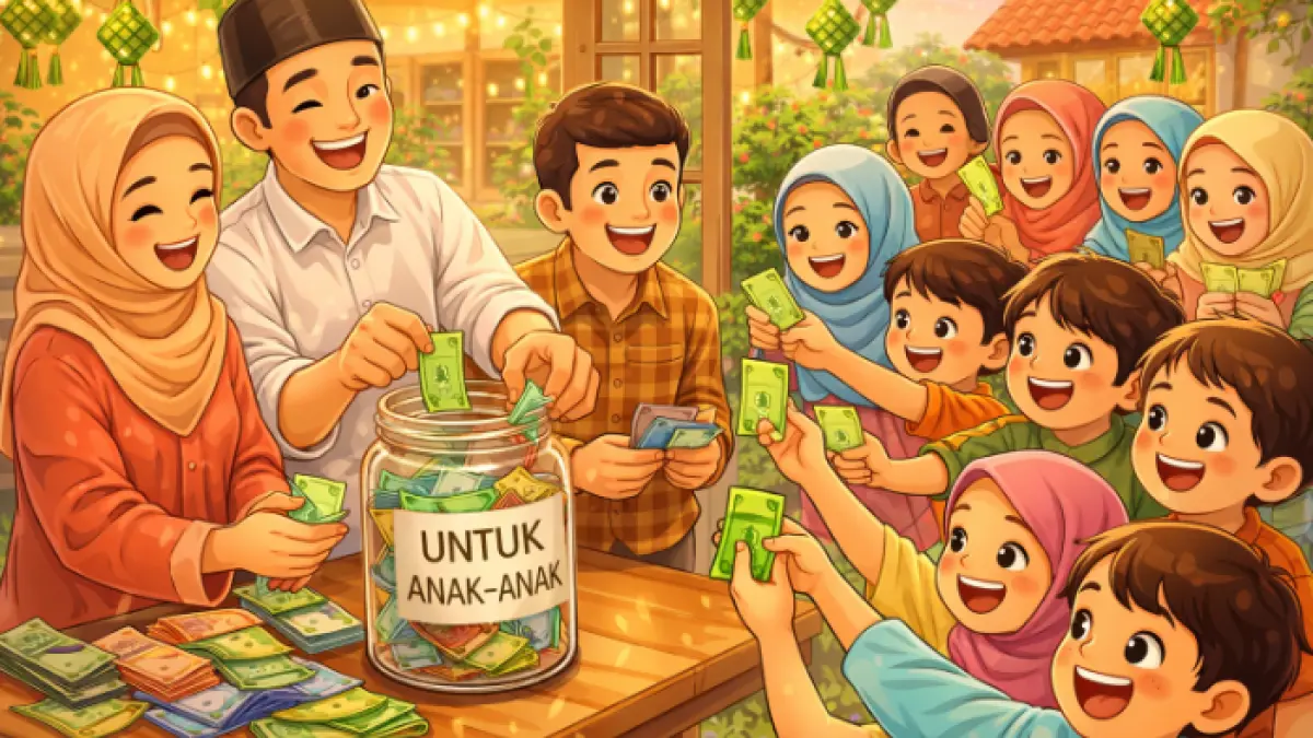 Ilustrasi berbagi uang THR kepada anak-anak (AI)