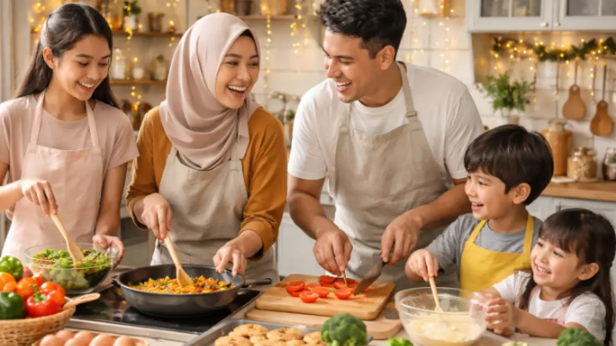 Ilustrasi kegiatan memasak bersama keluarga saat libur Lebaran (AI)