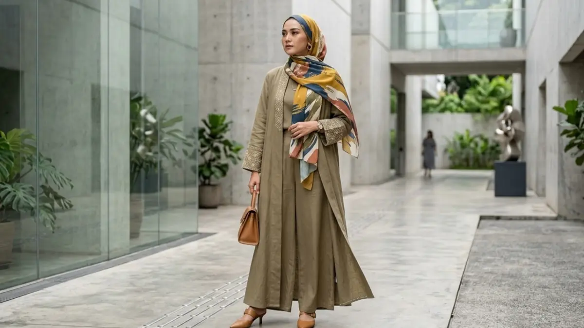 Kombinasi abaya dengan celana palazzo serta sentuhan motif abstrak diprediksi akan menjadi gaya paling hits untuk kamu di tahun 2026. (RIFKI/AI)