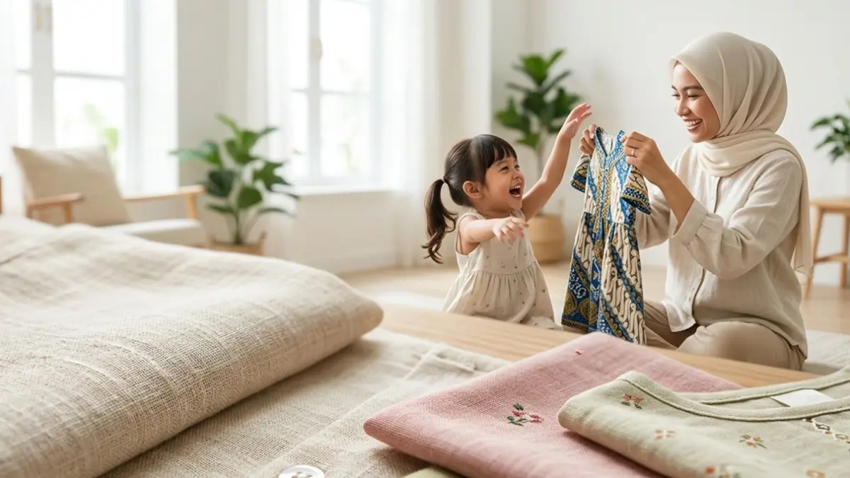 Memilih bahan yang menyerap keringat seperti katun dan viscose adalah kunci agar anak kamu tetap merasa ceria selama merayakan Lebaran 2026. (RIFKI/AI)