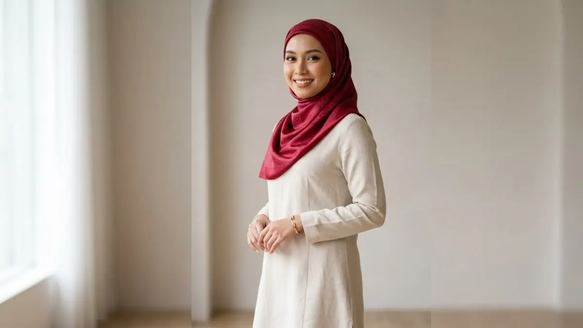 Penggunaan warna ruby red dan motif geometris diprediksi akan membuat tampilan Lebaran 2026 kamu semakin menawan dan penuh karakter. (RIFKI/AI)