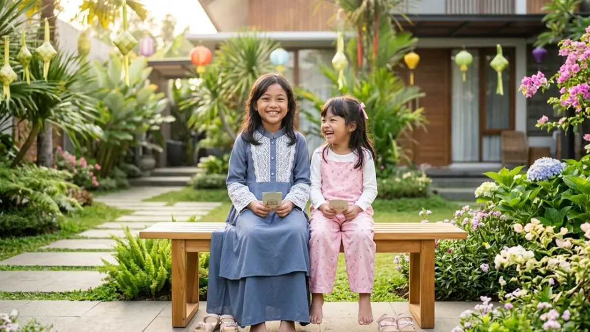 Perpaduan warna Slate Blue dan model gamis dua layer diprediksi akan membuat penampilan anak perempuan kamu terlihat semakin manis di hari raya 2026. (RIFKI/AI)