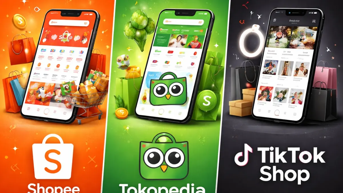 Pilihan platform belanja online di tahun 2026 semakin beragam, mulai dari fitur berhadiah umrah di Tokopedia hingga hujan voucher harian di Shopee untuk memanjakan kamu. (RIFKI/AI)