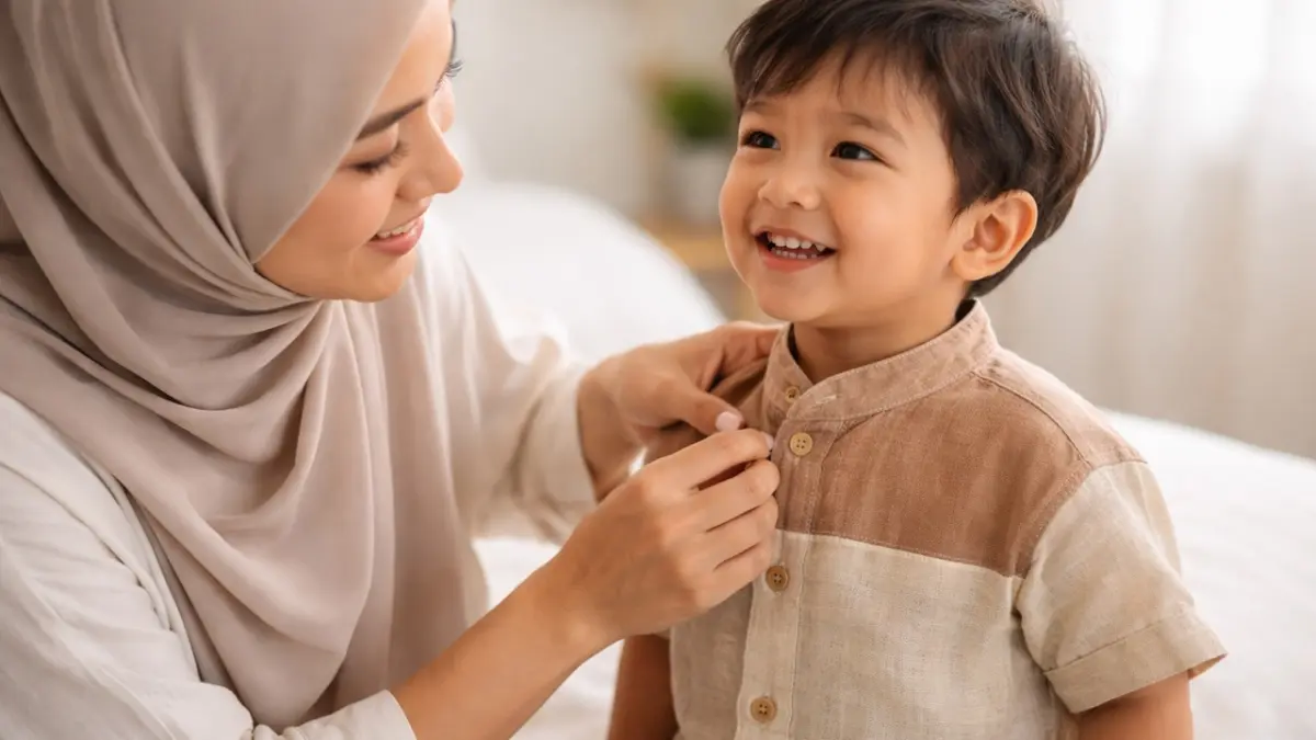 Memilih baju Lebaran dengan bahan yang menyerap keringat dan ukuran yang pas adalah kunci utama agar kamu dan si kecil bisa menikmati momen Idul Fitri dengan bahagia tanpa drama. (RIFKI/AI)