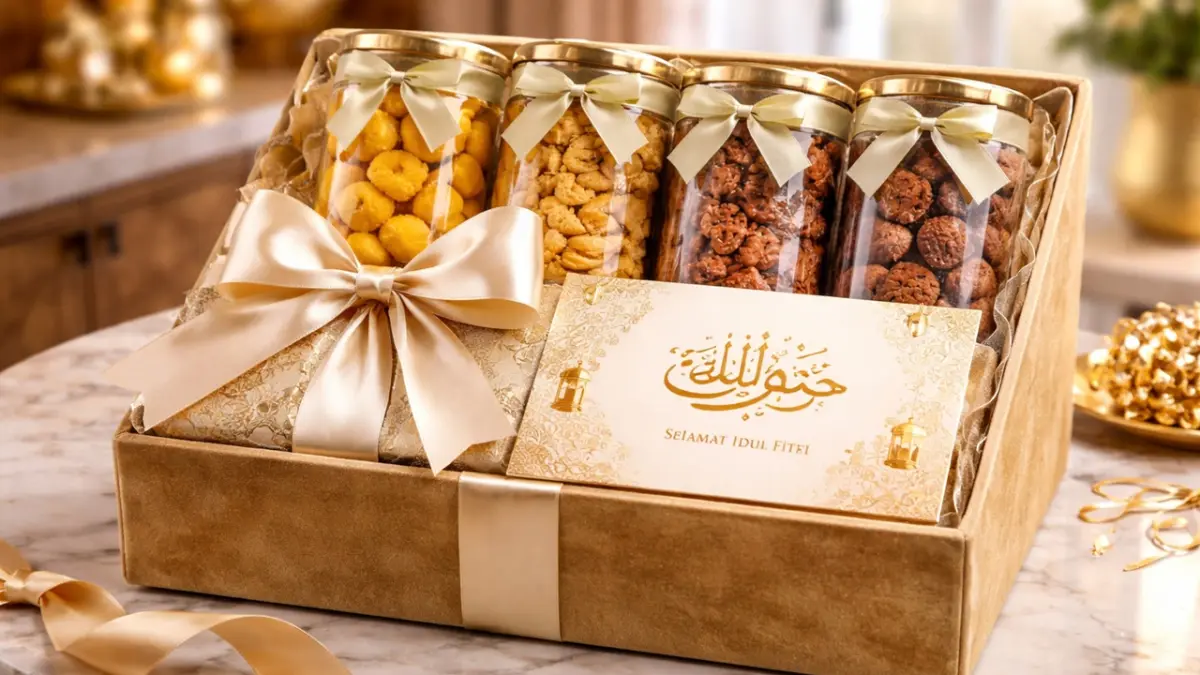Mengirimkan hampers dari brand legendaris dengan kemasan premium akan meningkatkan image profesional kamu di mata relasi bisnis pada Lebaran 2026. (RIFKI/AI)