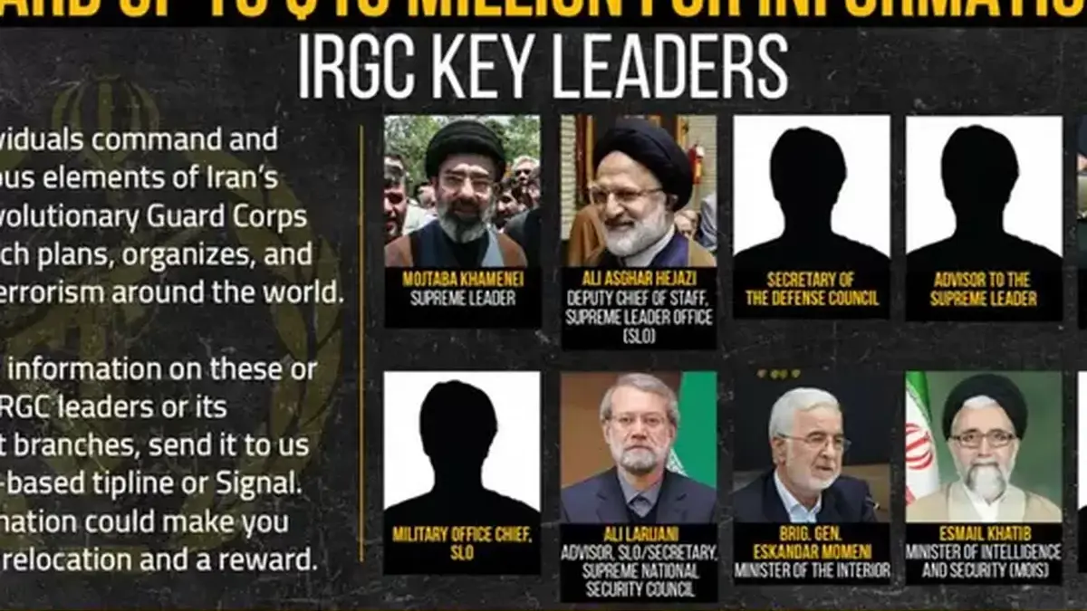 Mojtaba Khamenei dan sejumlah pejabat Iran menjadi buron AS dengan imbalan sebesar Rp 168 miliar. Sayembara ini muncul di tengah ketegangan setelah AS-Israel melancarkan operasi militer gabungan ke Iran pada Sabtu (28/2/2206).(State Department / Rewards for Justice via Fox News)