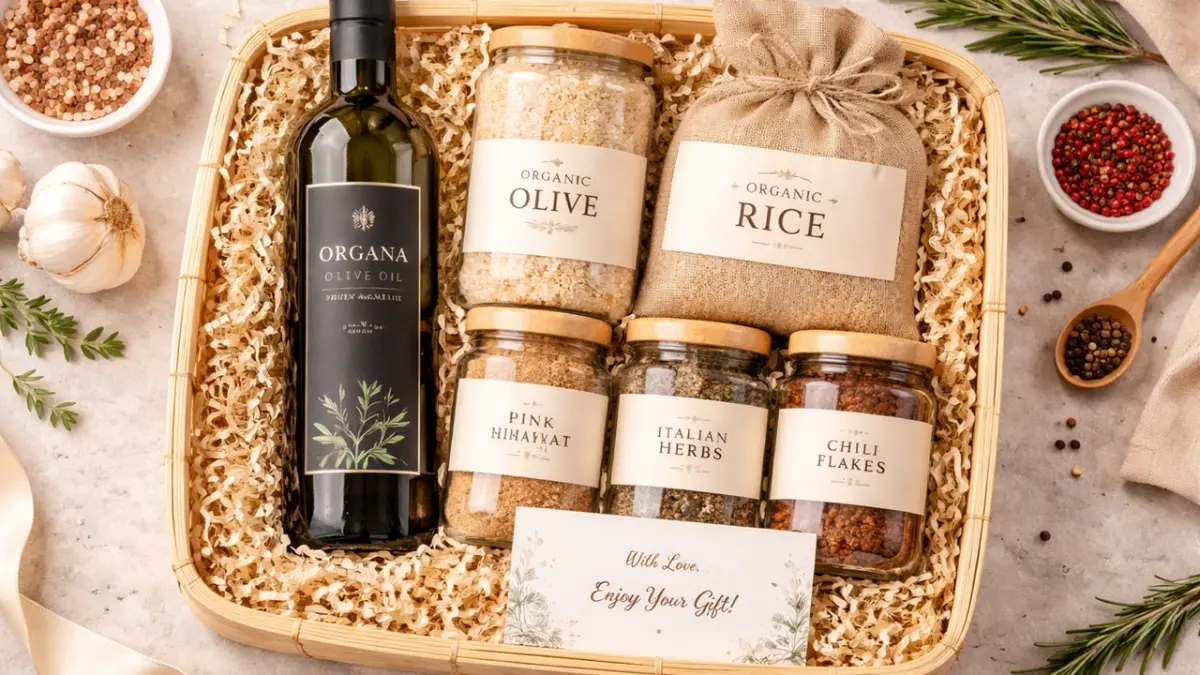 Hampers bumbu dapur dan sembako premium menjadi solusi bingkisan yang fungsional sekaligus elegan bagi kamu yang mengincar pasar korporat. (RIFKI/AI)