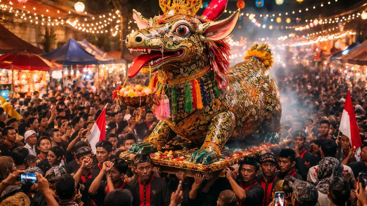 Ikon Warak Ngendog dalam tradisi Dugderan Semarang menjadi bukti indahnya akulturasi budaya yang bisa kamu saksikan menjelang Ramadan 2026. (RIFKI/AI)