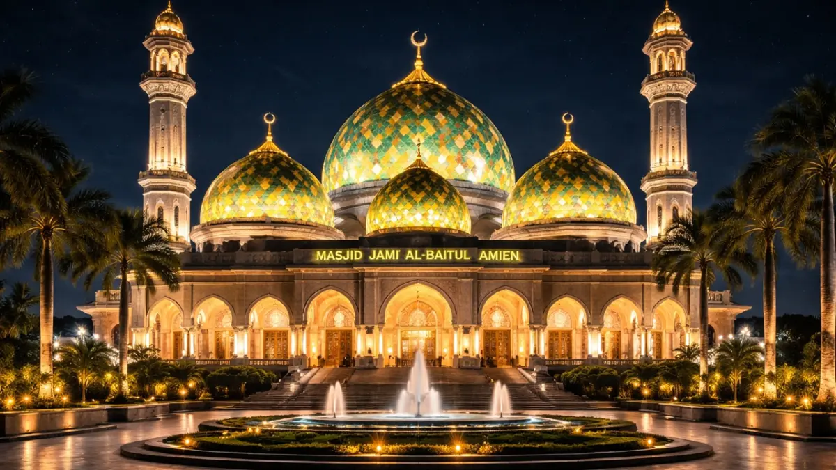 Keunikan arsitektur Masjid Jami’ Al-Baitul Amien menjadi destinasi wisata religi yang menenangkan bagi kamu saat berkunjung ke pusat kota Jember. (RIFKI/AI)