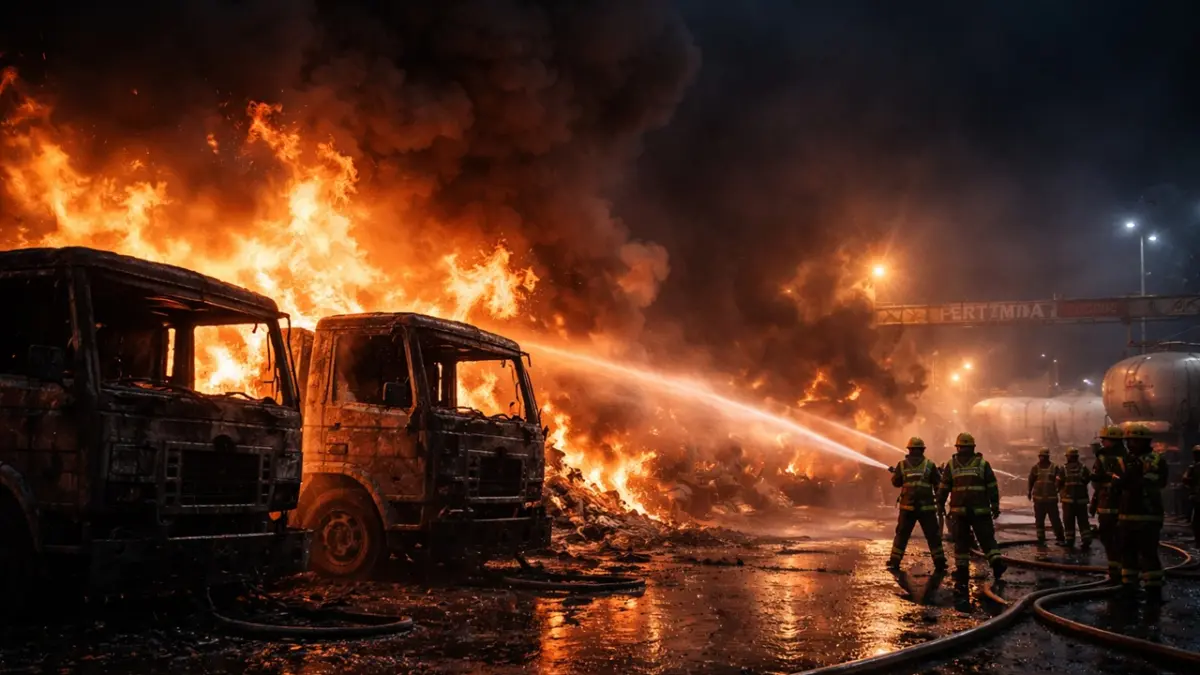 Kebakaran di SPBE Cimuning Bekasi yang diduga akibat kebocoran gas menyisakan kerusakan parah pada armada truk dan bangunan sekitar, memastikan kamu untuk selalu waspada terhadap potensi bahaya gas di lingkungan sekitar. (RIFKI/AI)