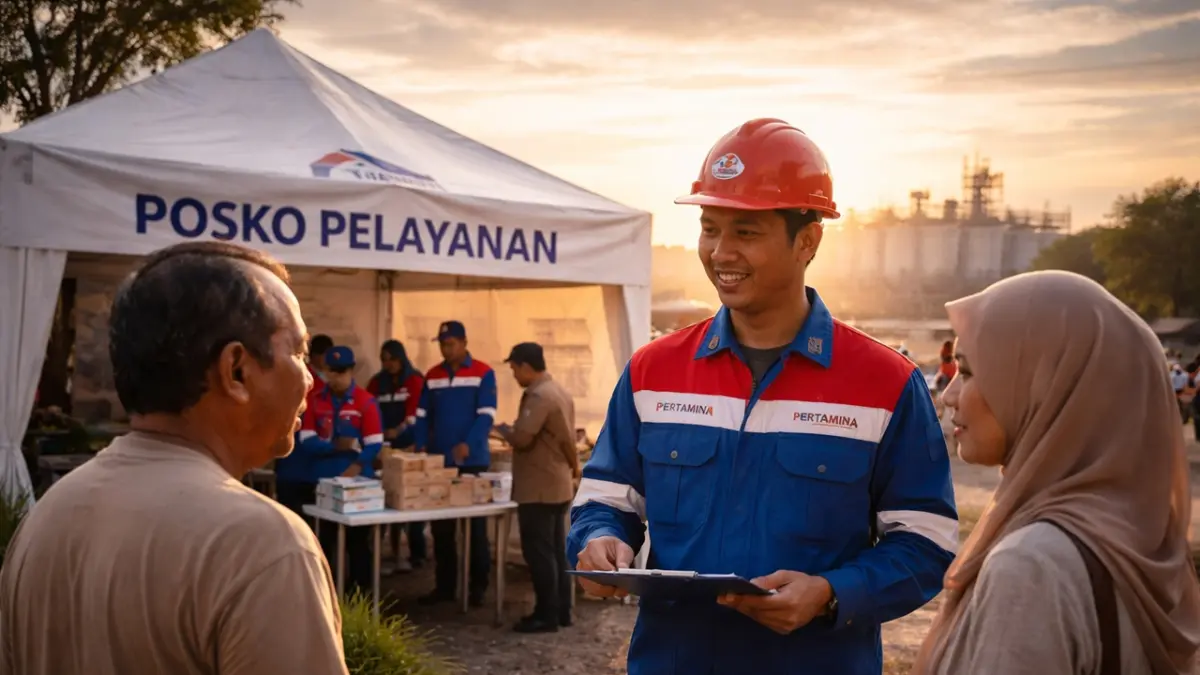 Pertamina resmi membuka posko pelayanan bagi warga terdampak kebakaran SPBE Cimuning Bekasi untuk memastikan kamu mendapatkan bantuan dan pendataan yang tepat pasca-insiden. (RIFKI/AI)
