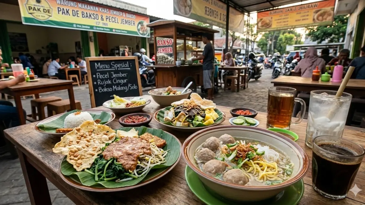 Ilustrasi masakan lokal khas Jember, bakso, dan minuman. (ai/nur hariri/radar jember)