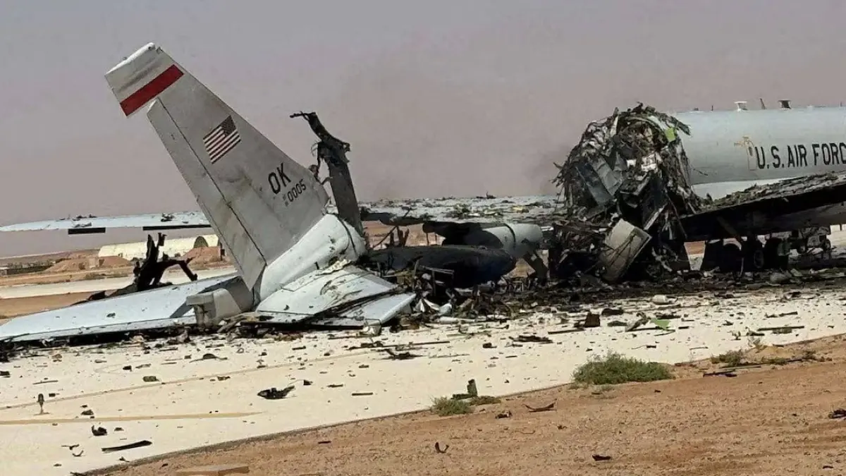 A damaged U.S. Boeing E-3 Sentry airborne warning and control aircraft following an Iranian strike on the airbase, amid the U.S.-Israeli conflict with Iran, at Prince Sultan Air Base in Saudi Arabia in this picture obtained from social media released on March 29, 2026. SOCIAL MEDIA/via REUTERS Purchase Licensing Rights