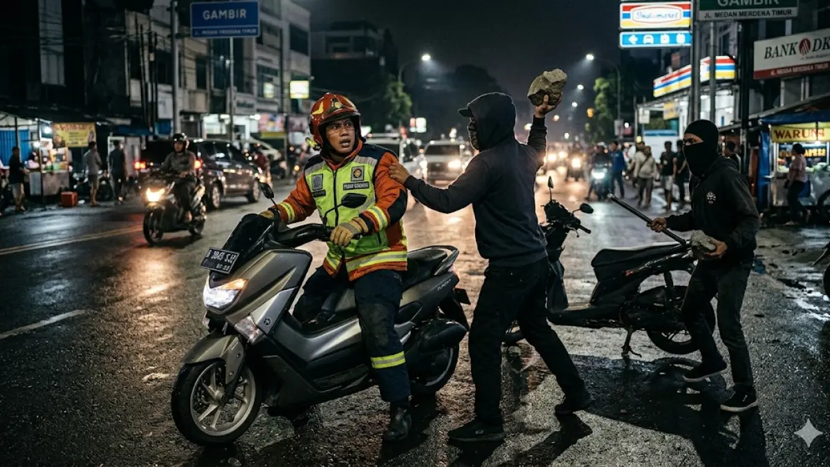 Foto ilustrasi yang menggambarkan momen petugas damkar dibegal (Yulio/gemini ai)