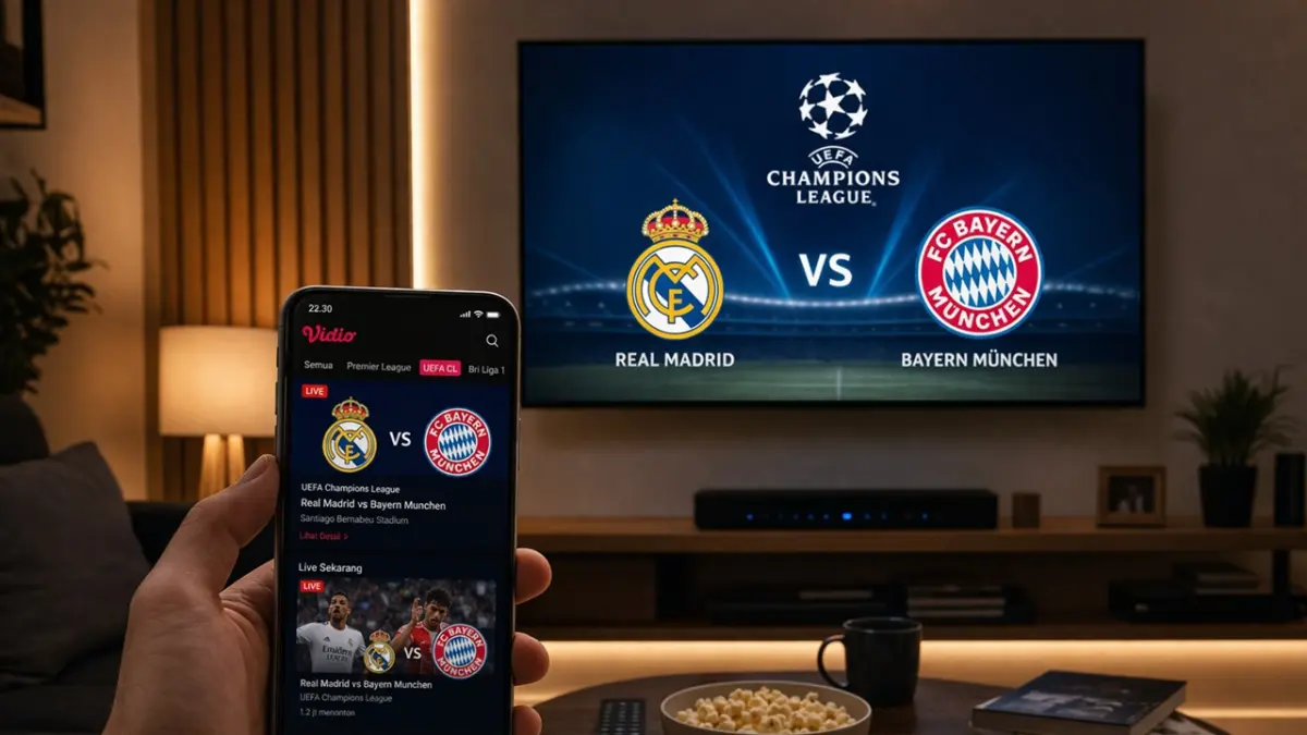 Saksikan keseruan perebutan tiket semifinal Liga Champions musim 2025/2026 melalui siaran langsung di Vidio agar kamu tetap update dengan aksi para bintang sepak bola dunia malam ini. (RIFKI/AI)