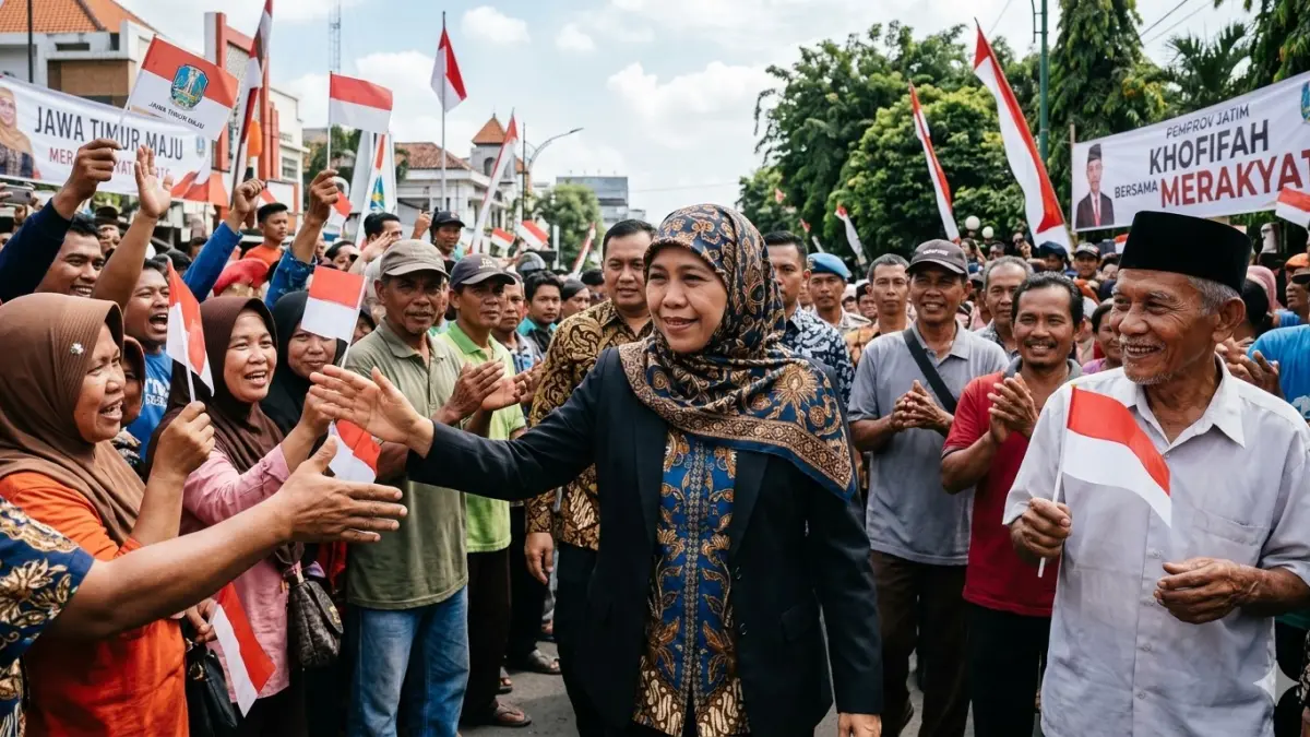 Ilustrasi giat Gubernur Jatim Khofifah Indar Parawansa bersama warga di Jawa Timur. (ai/ilustrasi/nurhariri/halojember)