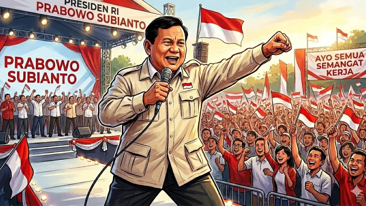Ilustrasi Presiden RI Prabowo Subianto mengajak rakyat agar semangat kerja ndi bulan April 2026. (ai/ilustrasi/nurhariri/halojember)