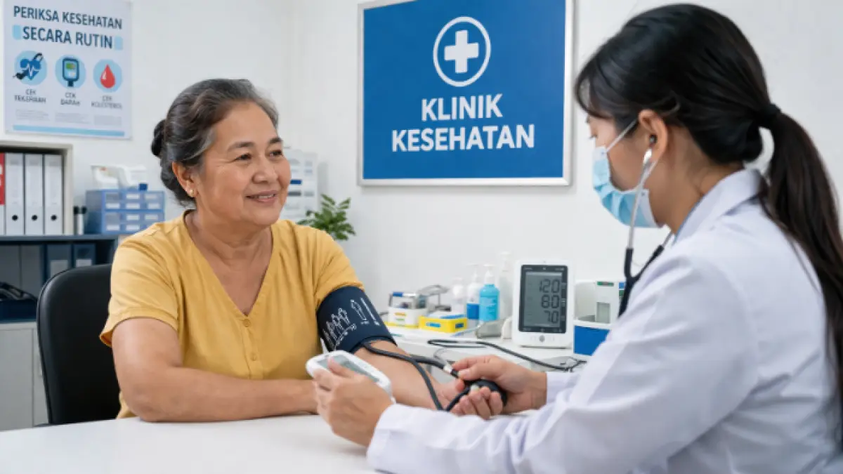 Seorang perempuan melakukan pemeriksaan kesehatan rutin di klinik (AI)