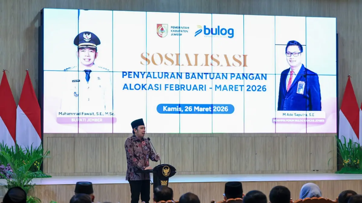 Sosialisasi penyaluran bantuan pangan alokasi Februari dan Maret 2026 di Pendapa Wahyawibawagraha, Pemkab Jember, Kamis 26 Maret 2026. (Diskominfo)