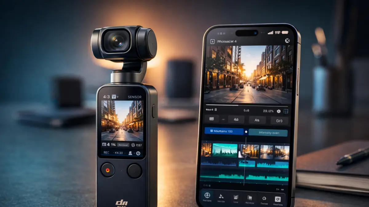 A high-quality 16:9 cinematic shot of a DJI Osmo Pocket 4 placed next to an iPhone 17 Pro on a minimalist workspace. The DJI screen shows a 4:3 wide-sensor recording interface with grid lines, while the iPhone displays a professional editing app. High-tech aesthetic, soft studio lighting, teal and orange color grading. Photorealistic, 8k resolution. (RIFKI/AI)