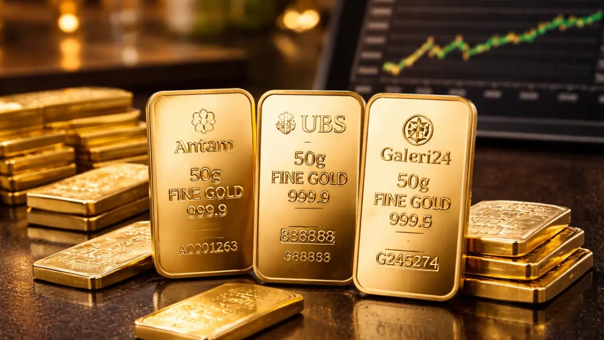 Harga emas di Pegadaian yang stabil pada Senin pagi ini menjadi peluang bagi kamu untuk memperkuat aset masa depan melalui logam mulia Antam, UBS, maupun Galeri24. (RIFKI/AI)